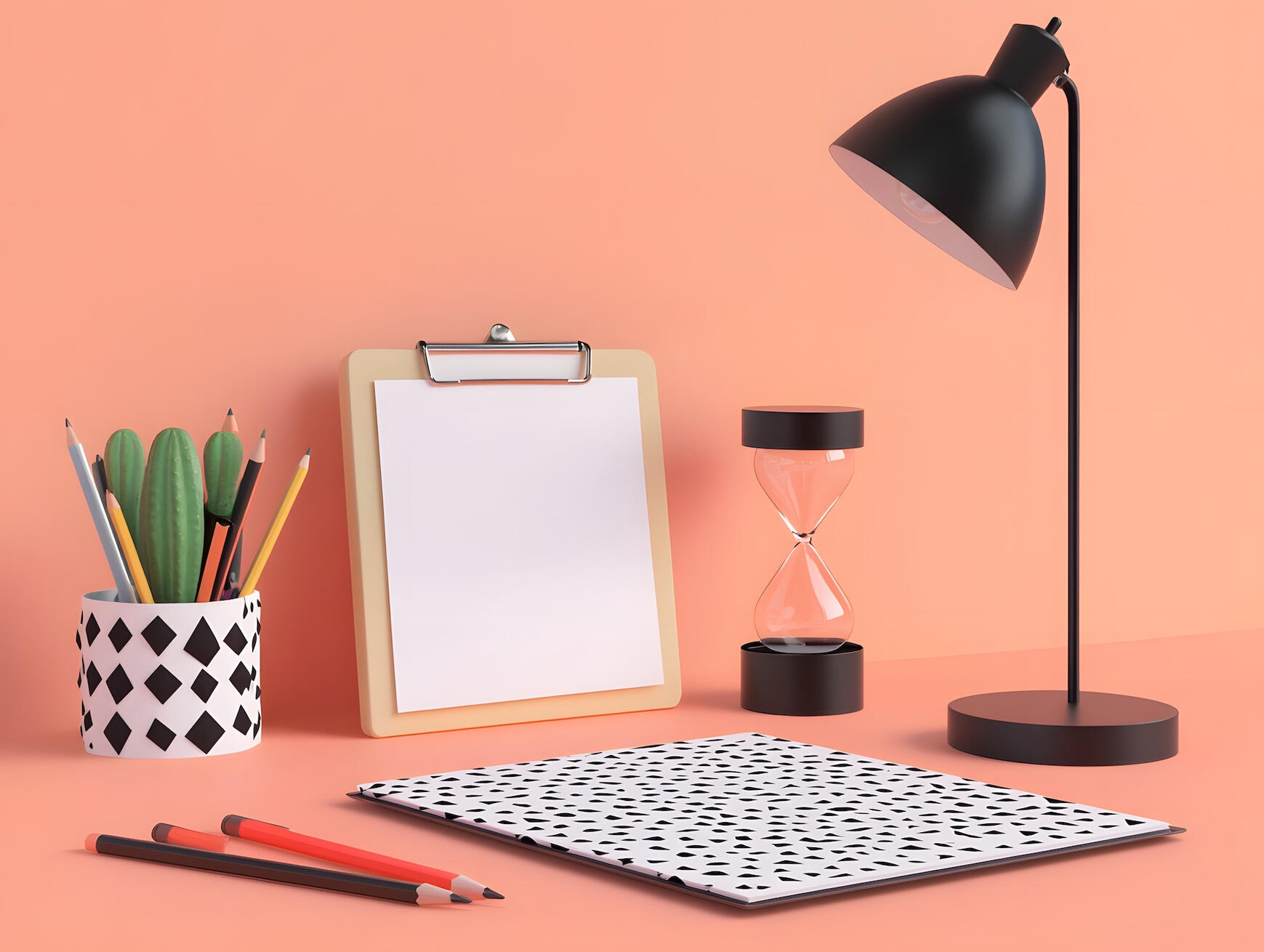Organised desk setup with stationery, clipboard, and lamp representing administrative support and organisation services.